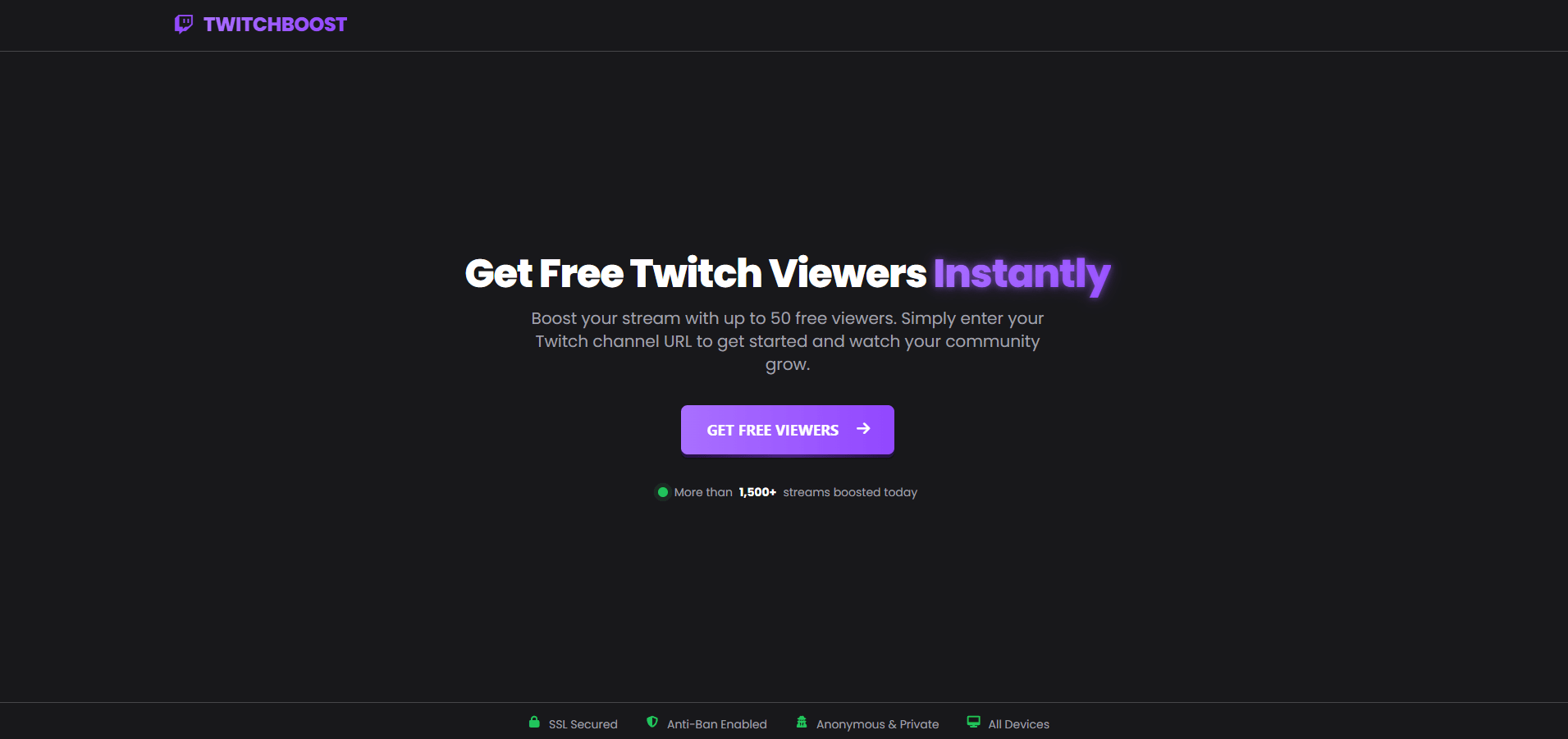 Screenshot of the TwitchViewBotFree interface where a user can enter their channel name to receive free Twitch viewers.